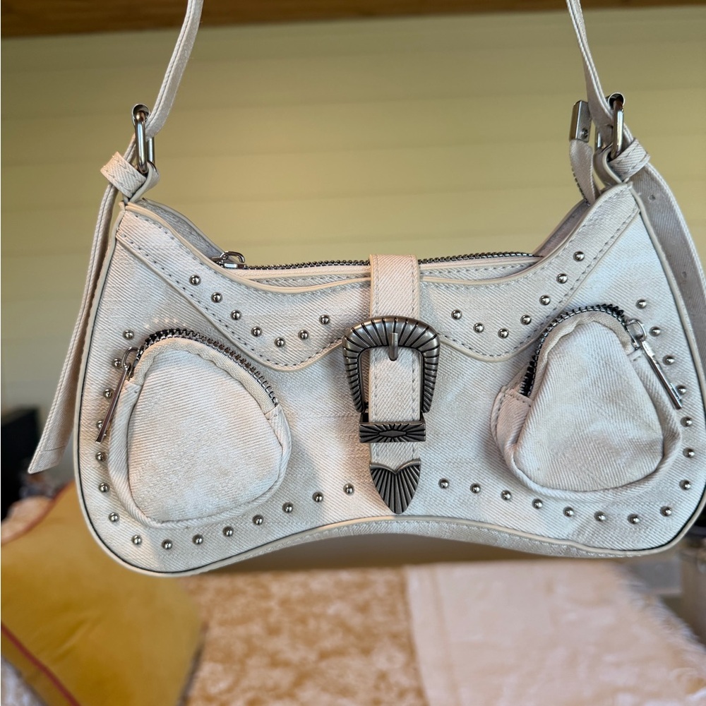 Elegant Cream Studded Shoulder Bag - Picture 3 of 4